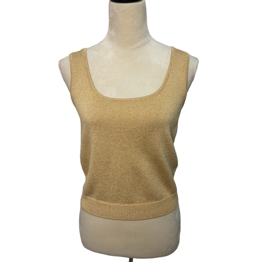 St. John Basics Vintage Gold Metallic Shimmer Knit Scoop Neck Sweater Tank Top S